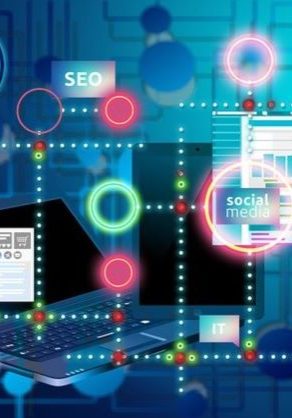 digital marketing image showing seo, website, blog, social media, tablet, web pages, performance graphs all interlinked together